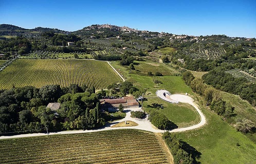 Cantine Dei with the town of Montepulciano perched on the hill beyond, Tuscany